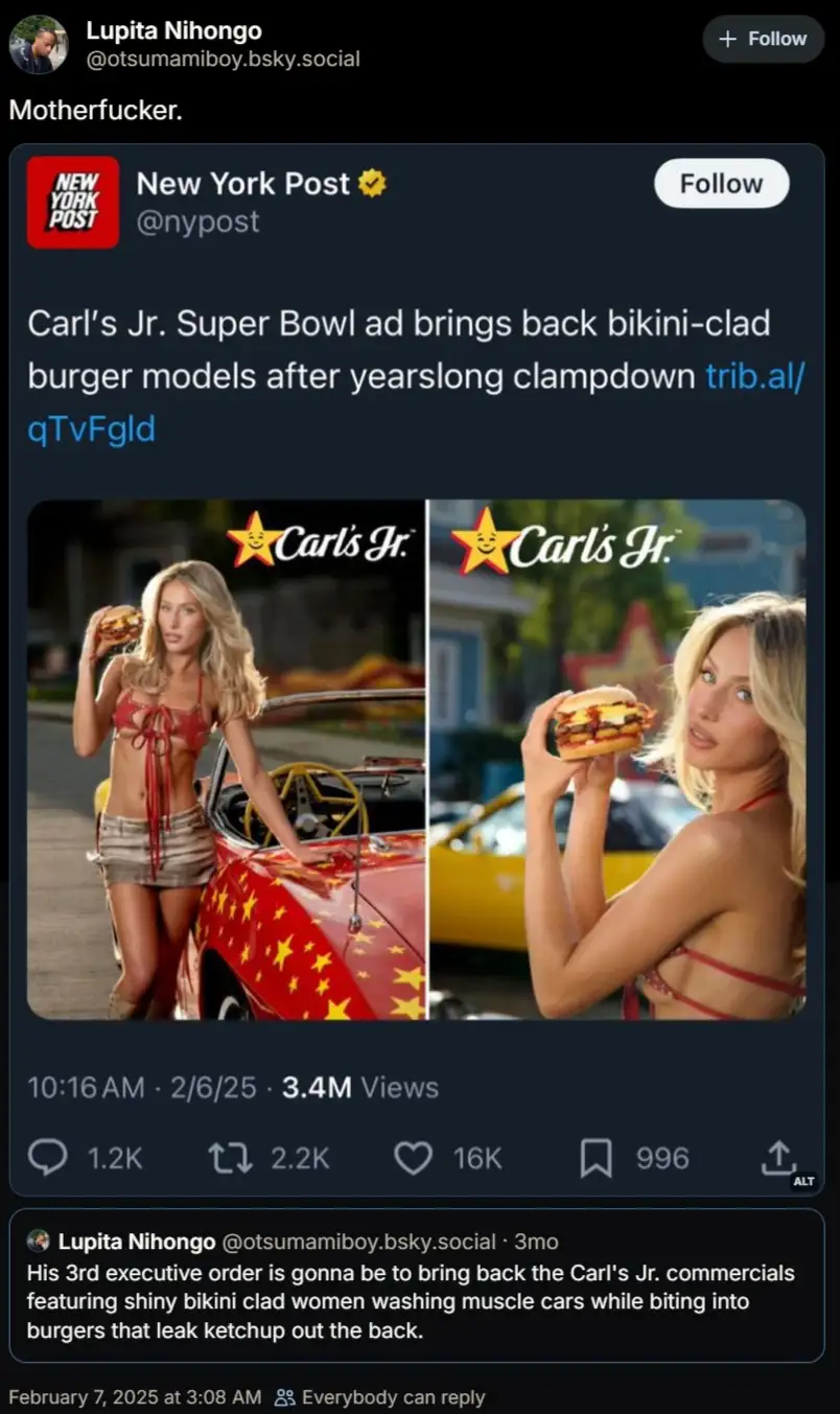 A screenshot of a social media post showing a New York Post article about Carl's Jr. bringing back bikini-clad burger…