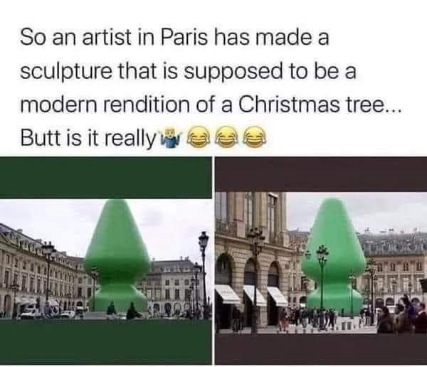 The image displays two photos of a large, bright green, cone-shaped sculpture in a Parisian plaza, humorously captioned as a…