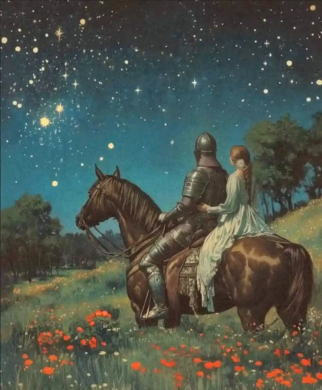 A romantic illustration shows a knight in full armor and a woman in a flowing dress riding a horse together under a starry…