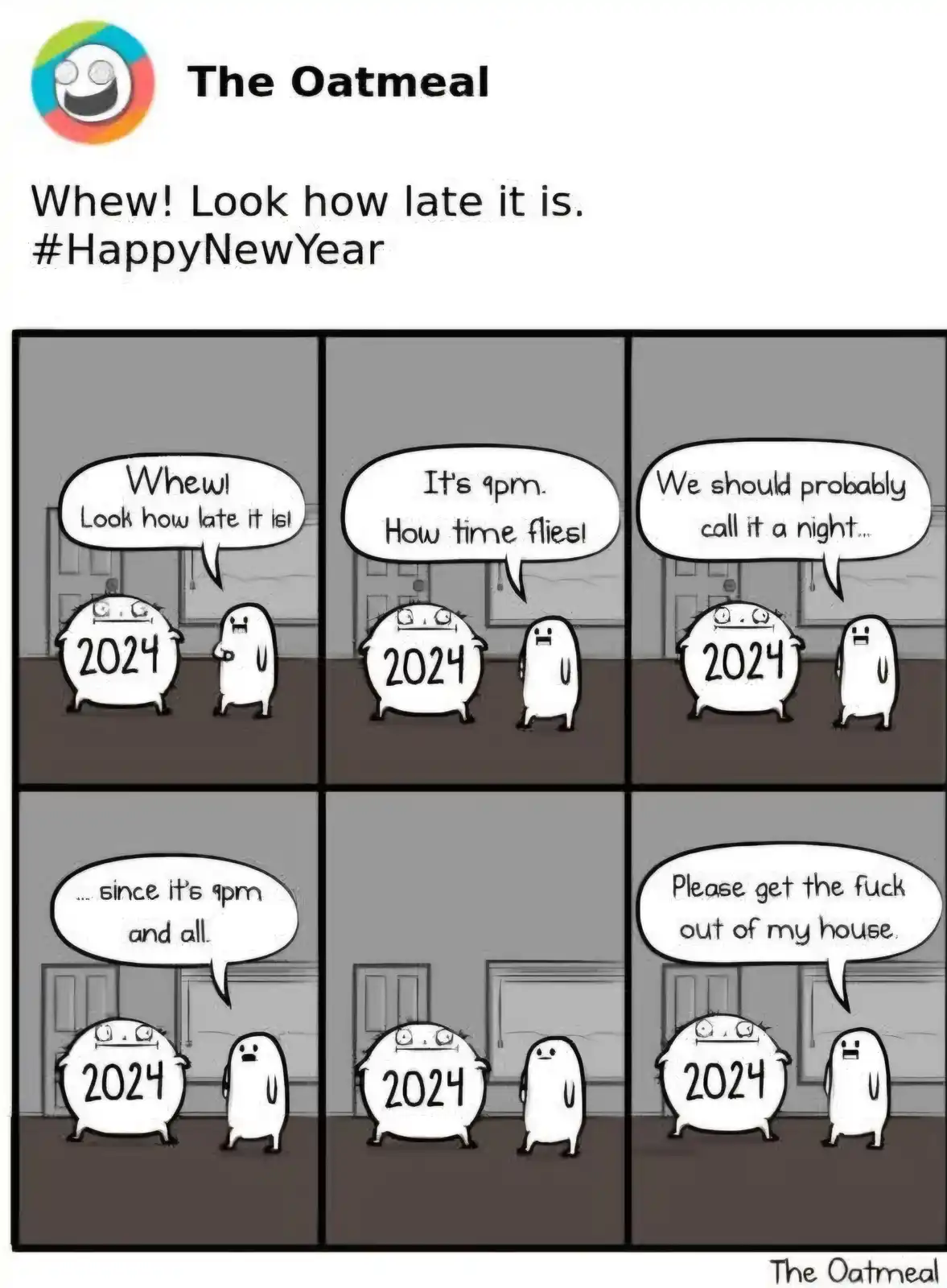 A six-panel comic from The Oatmeal shows a round character labeled '2024' and a smaller ghost-like character. In the first…