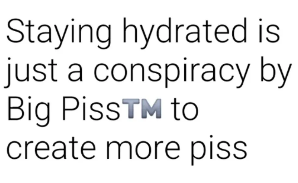 The image displays plain black text on a white background. The text reads: 'Staying hydrated is just a conspiracy by Big…