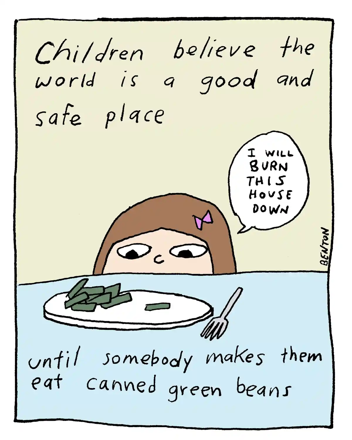 A cartoon child with brown hair and a purple bow sits at a table with a plate of canned green beans and a fork. The child…