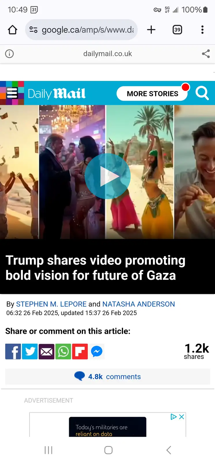 A screenshot of a Daily Mail article headline reading 'Trump shares video promoting bold vision for future of Gaza' overlaid…