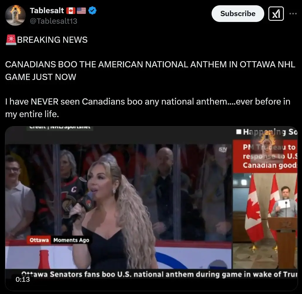 A screenshot of a social media post shows a video clip of a female reporter at an NHL game in Ottawa, with overlaid text…