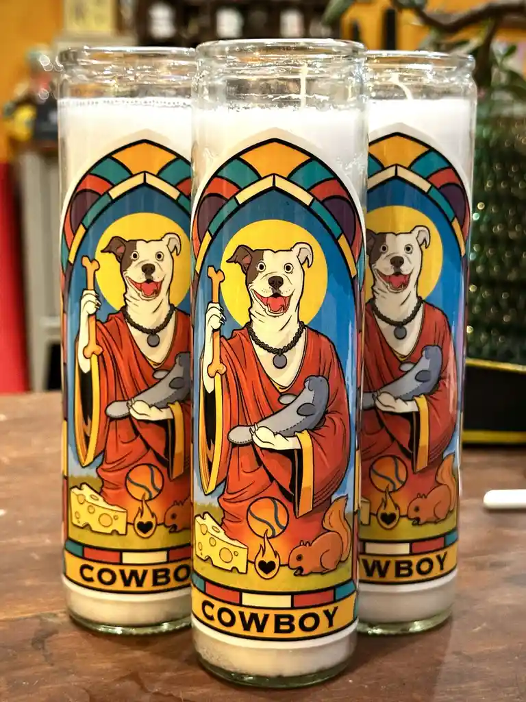 Three tall glass candles are shown, each decorated with a colorful, stained-glass-style label depicting a smiling pit bull…
