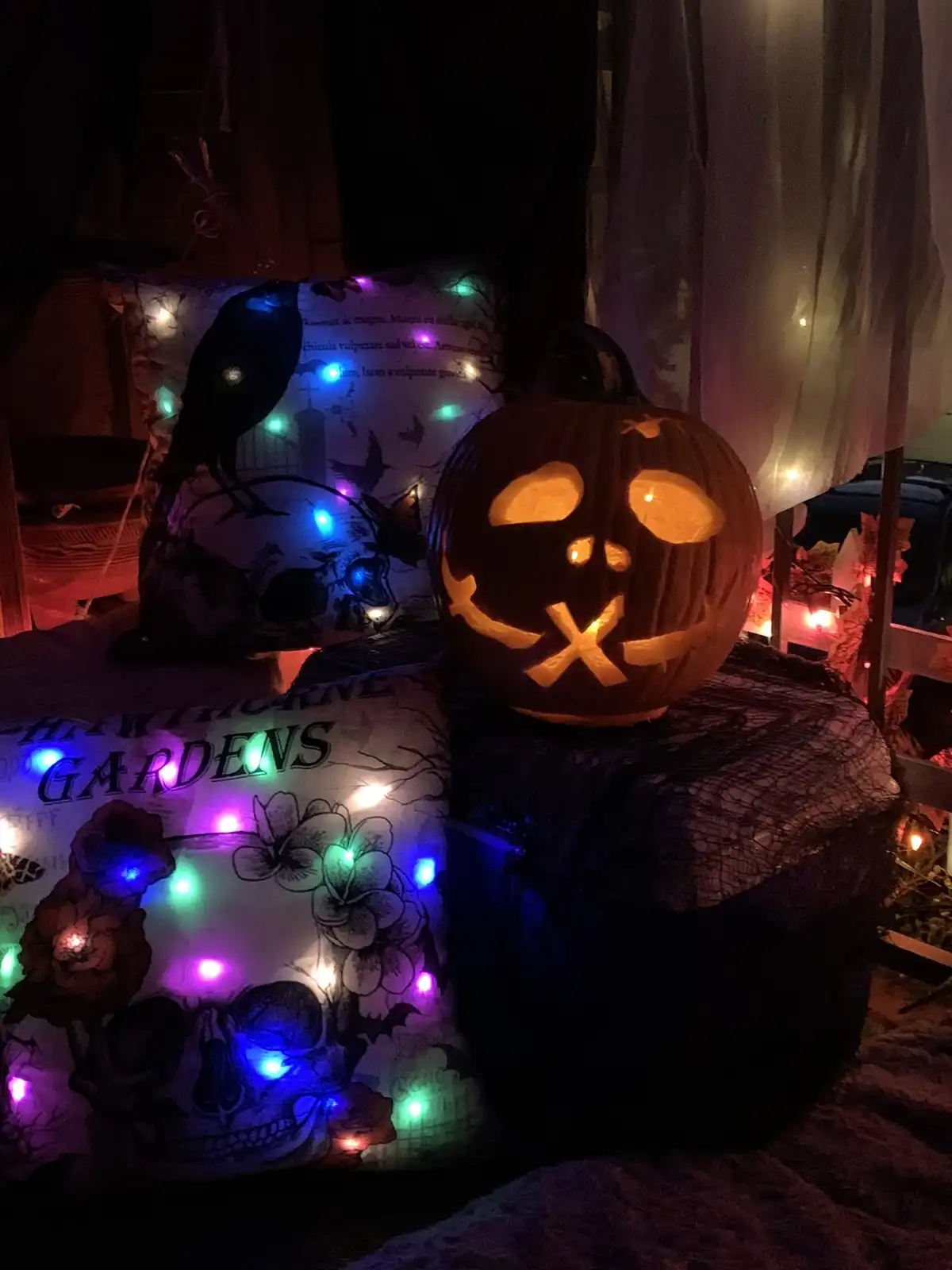 A carved jack-o'-lantern with a smiling face sits on a black net-covered surface, surrounded by Halloween-themed pillows…
