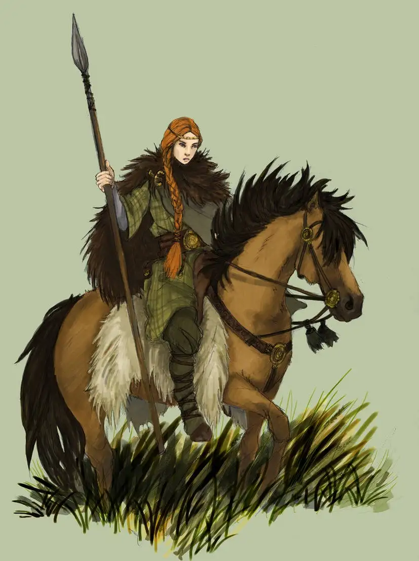 A woman with braided red hair and a fur-lined cloak rides a brown horse through tall grass, holding a long spear. The image…