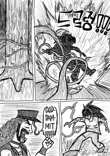 A black-and-white comic strip shows a monstrous, plant-like creature bursting through a wooden door with the onomatopoeia…