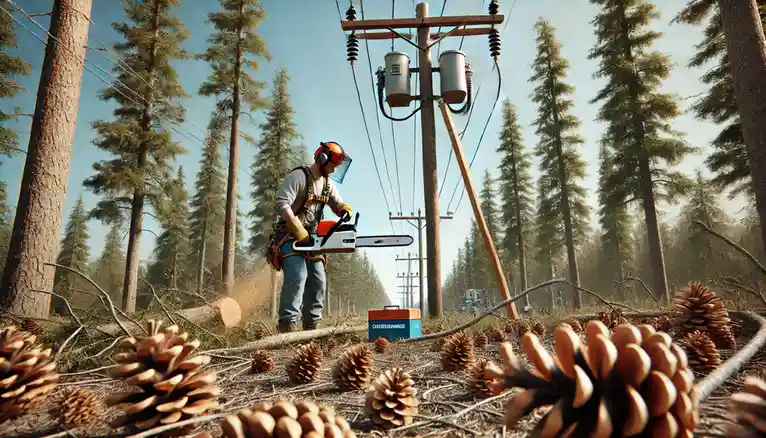 A lumberjack in full gear, including helmet and ear protection, stands in a pine forest holding a chainsaw, surrounded by…