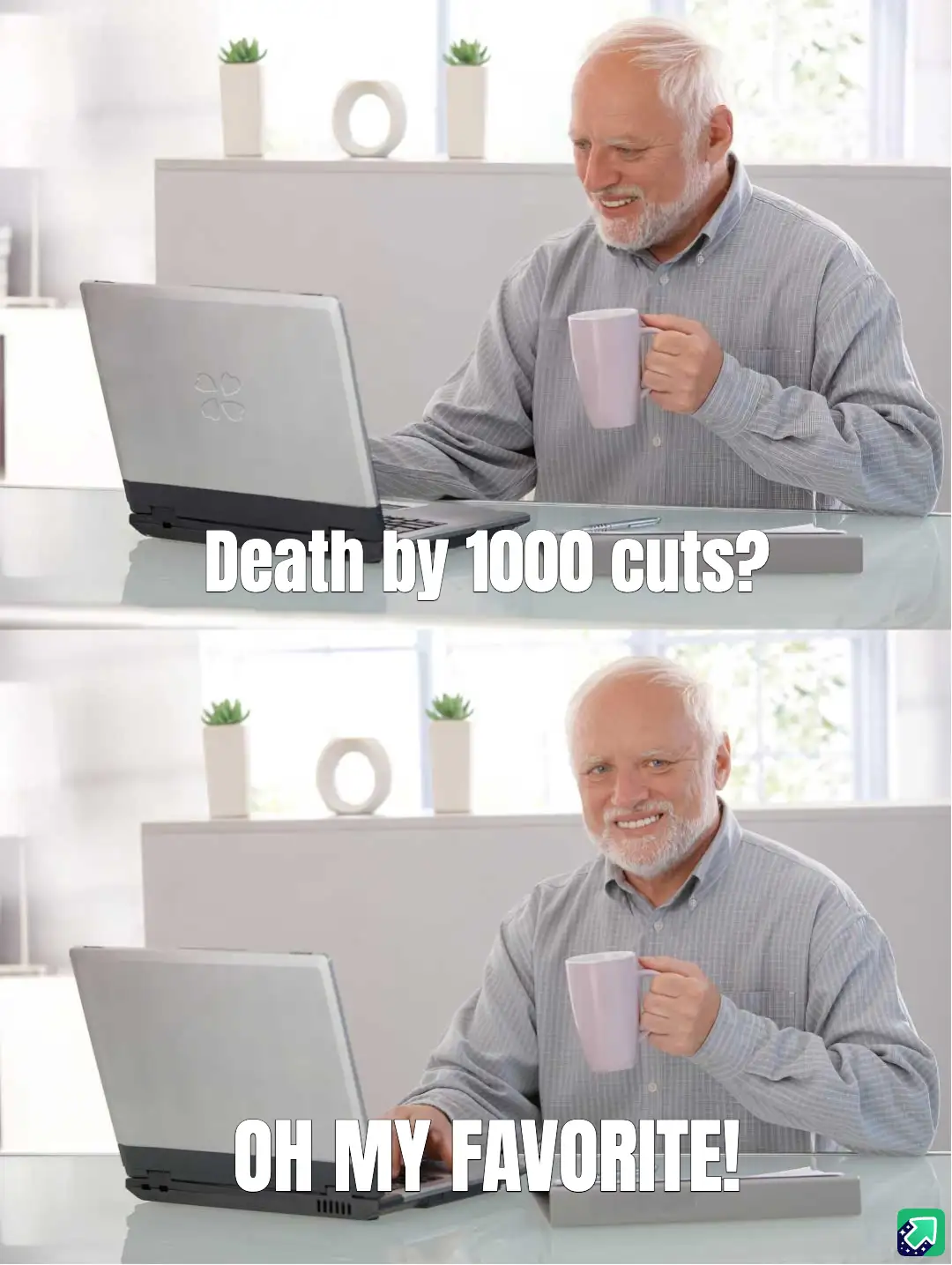 A man with white hair and a beard sits at a glass desk with a laptop and a mug, smiling in the top panel with text 'Death by…