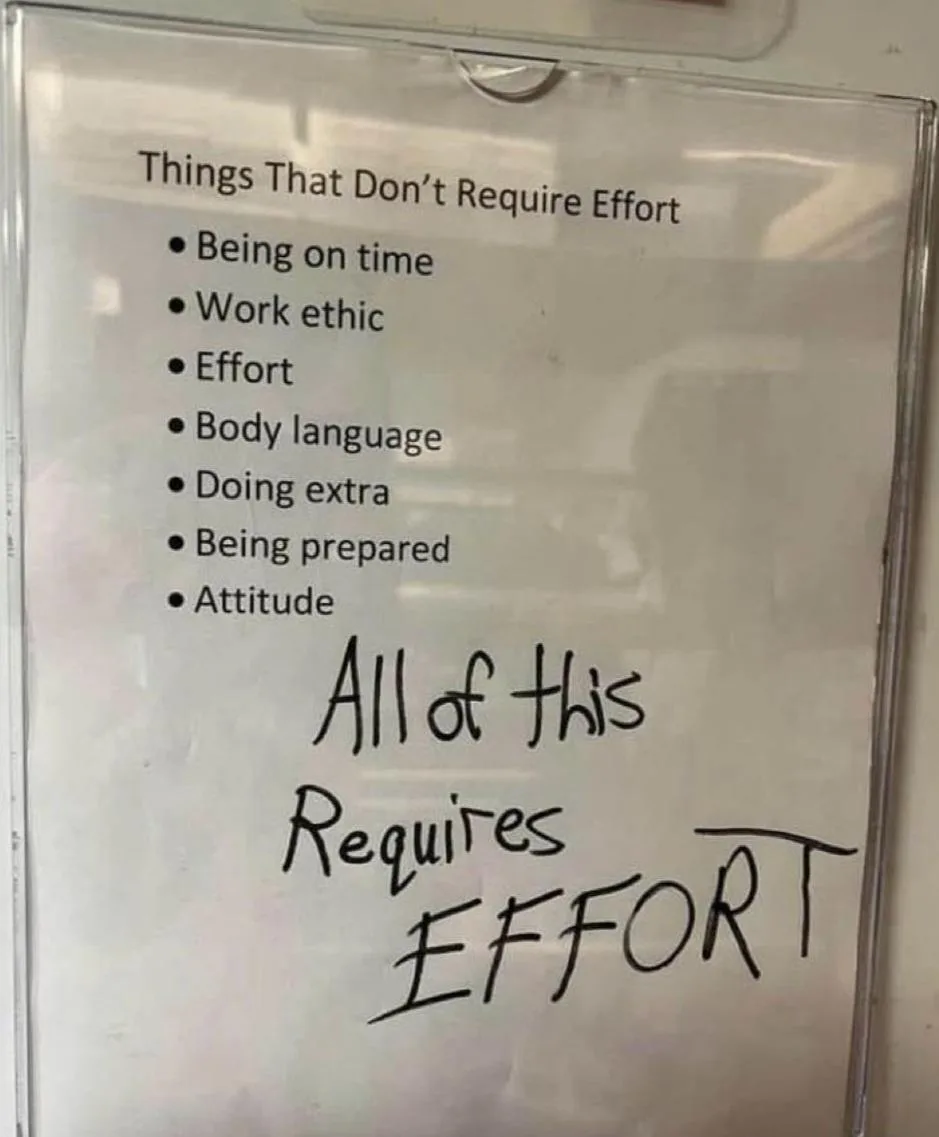 A printed list titled 'Things That Don't Require Effort' includes items like 'Being on time', 'Work ethic', 'Effort', 'Body…