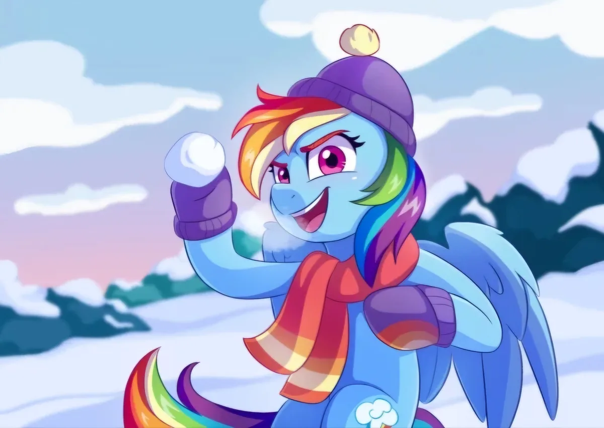 A blue pony with rainbow-colored hair, wearing a purple winter hat with a yellow pom-pom, purple mittens, and a red and…