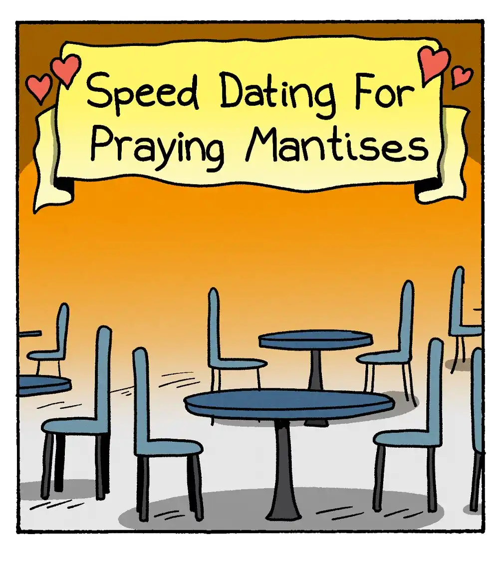 A cartoon illustration of an empty speed dating venue with round tables and chairs, under a yellow banner that reads 'Speed…