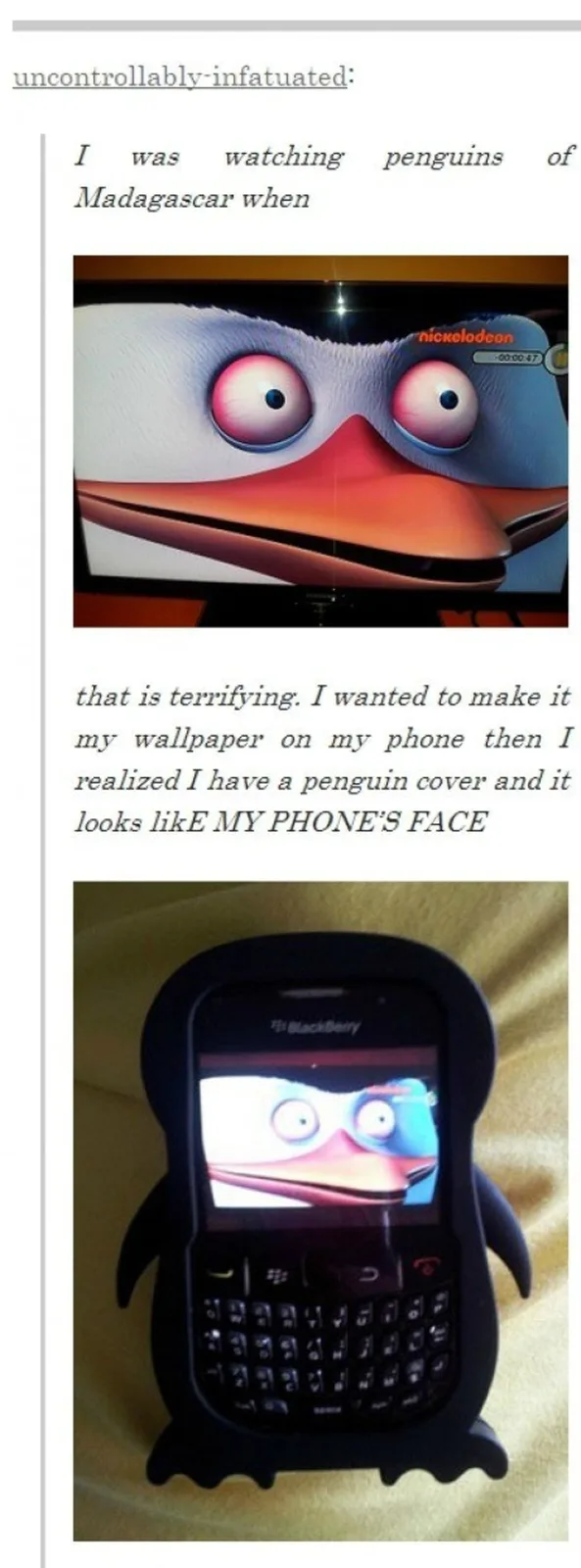 The image shows two panels: the top displays a close-up of a cartoon penguin's face from 'Penguins of Madagascar' on a TV…