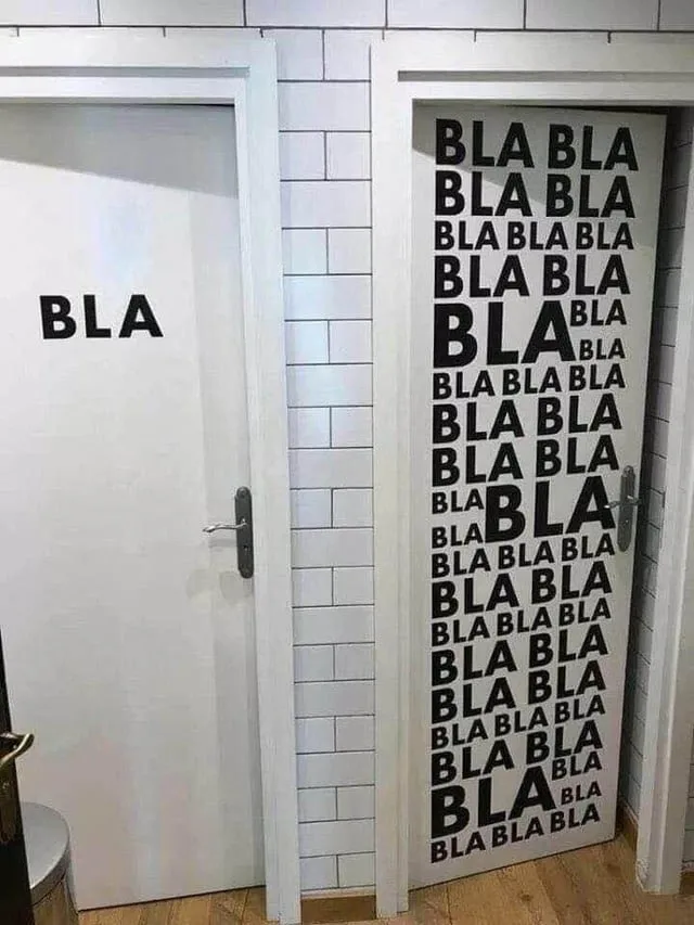 Two white doors in a tiled room; the left door has the word 'BLA' once, while the right door has 'BLA' repeated many times…