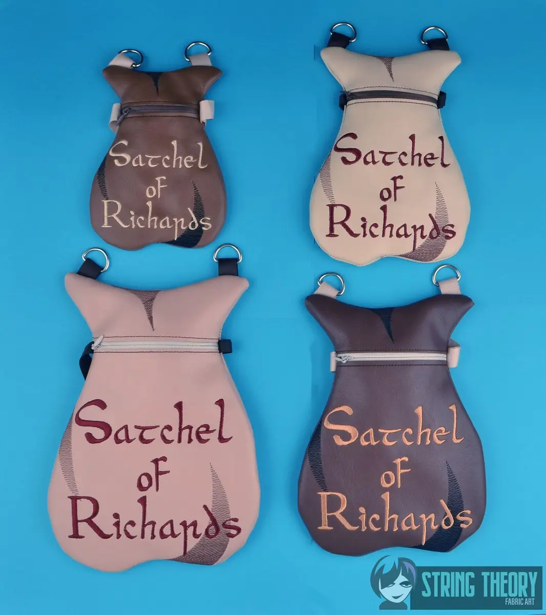 Four small, purse-like bags shaped like whale tails are arranged on a bright blue background. Each bag has a zipper and…