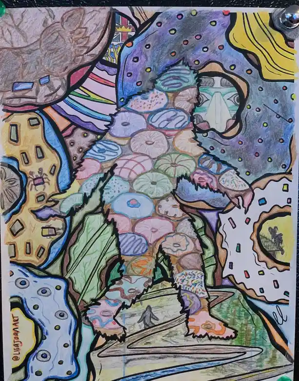 A colorful, hand-drawn, surreal artwork featuring a giant, multi-limbed creature made of donuts and other sugary treats…