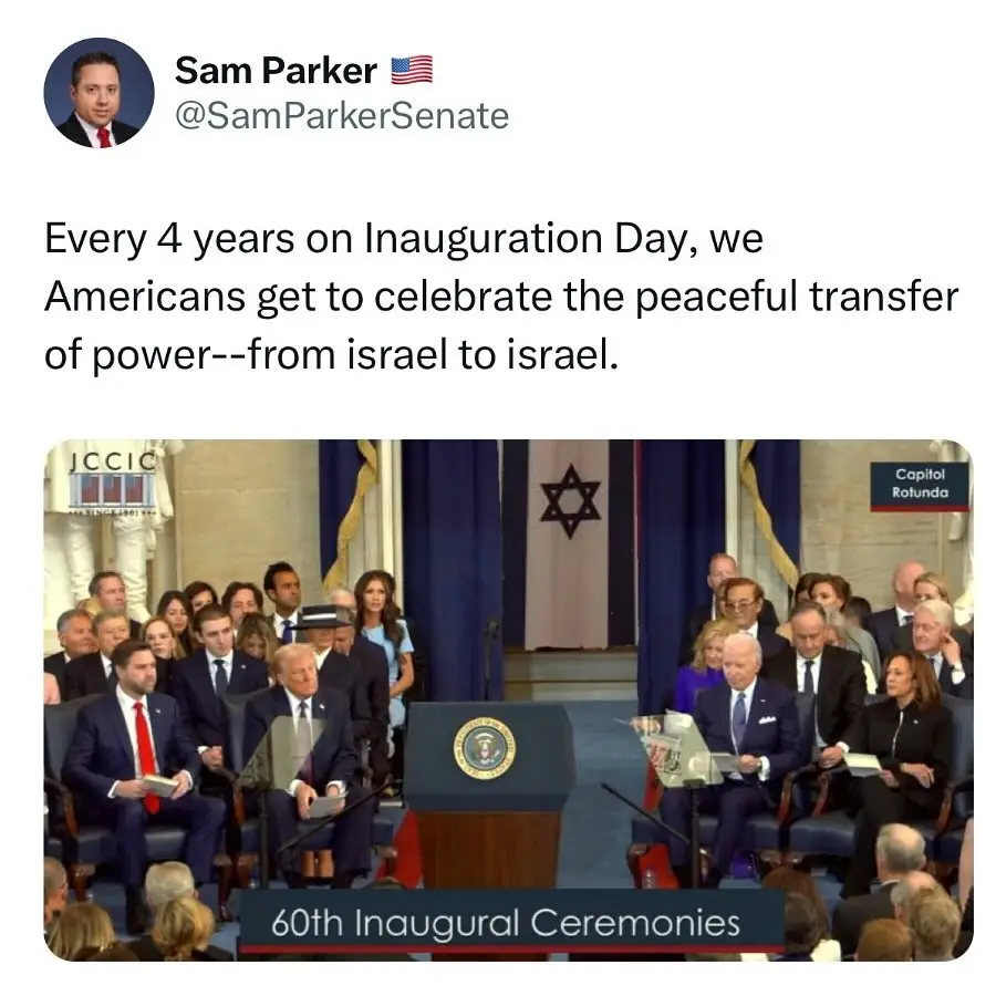 A screenshot of a tweet by Sam Parker showing a photo from the 60th Inaugural Ceremonies with Joe Biden and Donald Trump…
