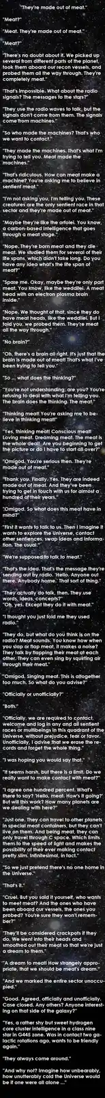 The image displays a starfield background with a long, scrolling dialogue between two characters. The text is white and…