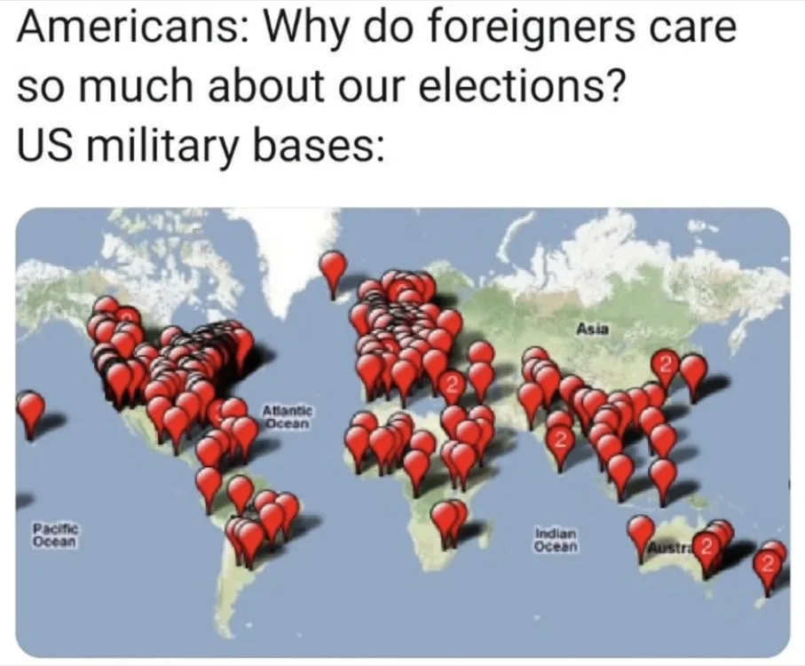 A world map is covered with numerous red map pins, indicating the global locations of US military bases. The text above the…