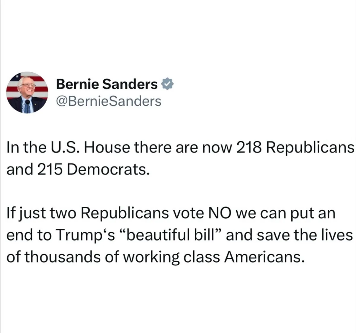 A screenshot of a tweet from Bernie Sanders' official Twitter account, showing his profile picture and the text of his…