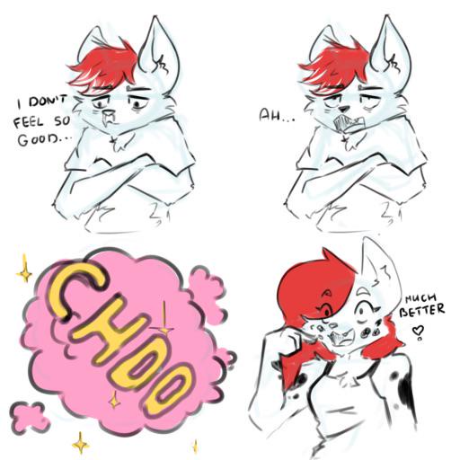 A four-panel comic strip featuring a red-haired anthropomorphic fox character. In the first panel, the fox looks unwell with…
