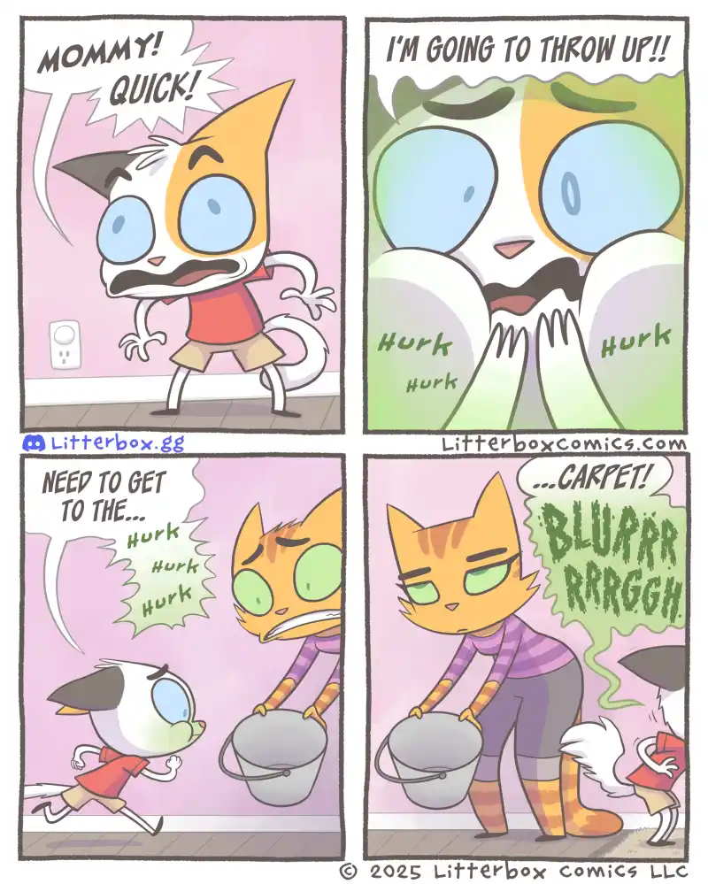 A four-panel comic strip from Litterbox Comics shows a panicked orange-and-white cat yelling for its mom, then vomiting…