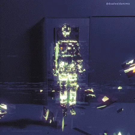 A six-panel grid shows a glitchy, pixelated humanoid figure standing in a dark room with floating digital fragments. The…