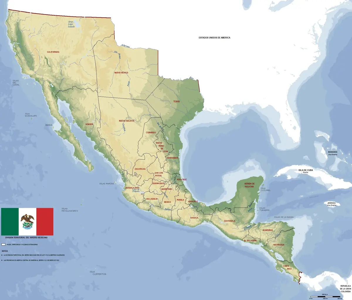 A historical map showing the territorial division of the Mexican Empire, which includes modern-day Mexico, parts of the…