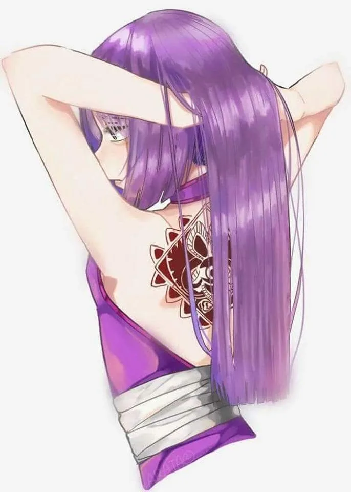 An anime-style illustration of a person with long purple hair, wearing a purple top and white bandages on their lower back…