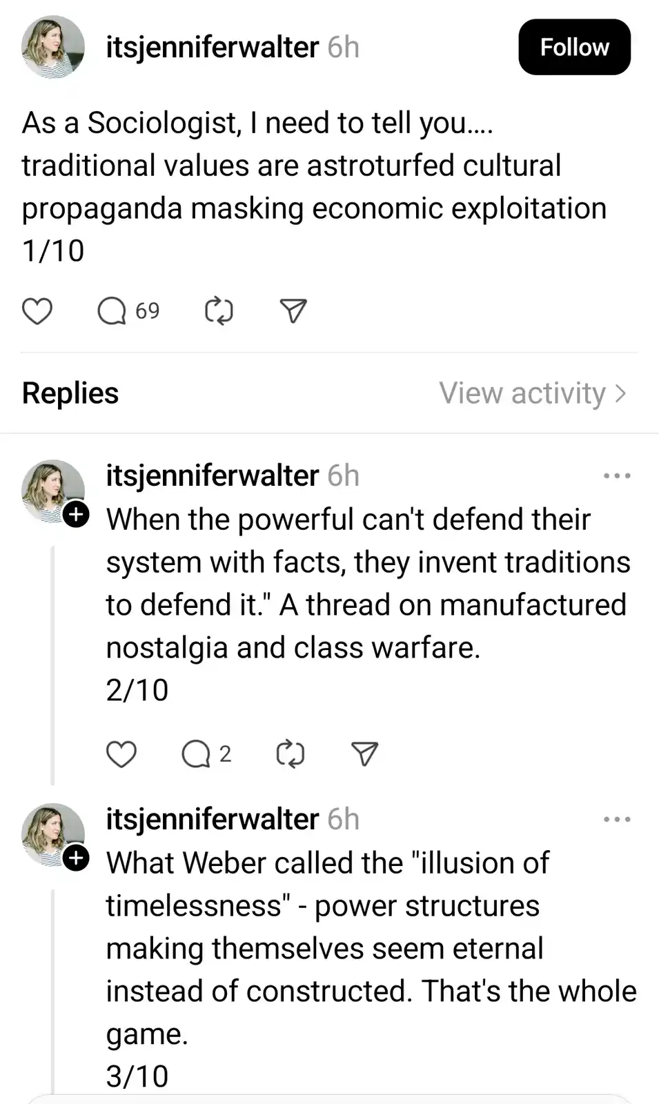 The image shows a social media post by user 'itsjenniferwalter' displaying three consecutive replies in a thread format…