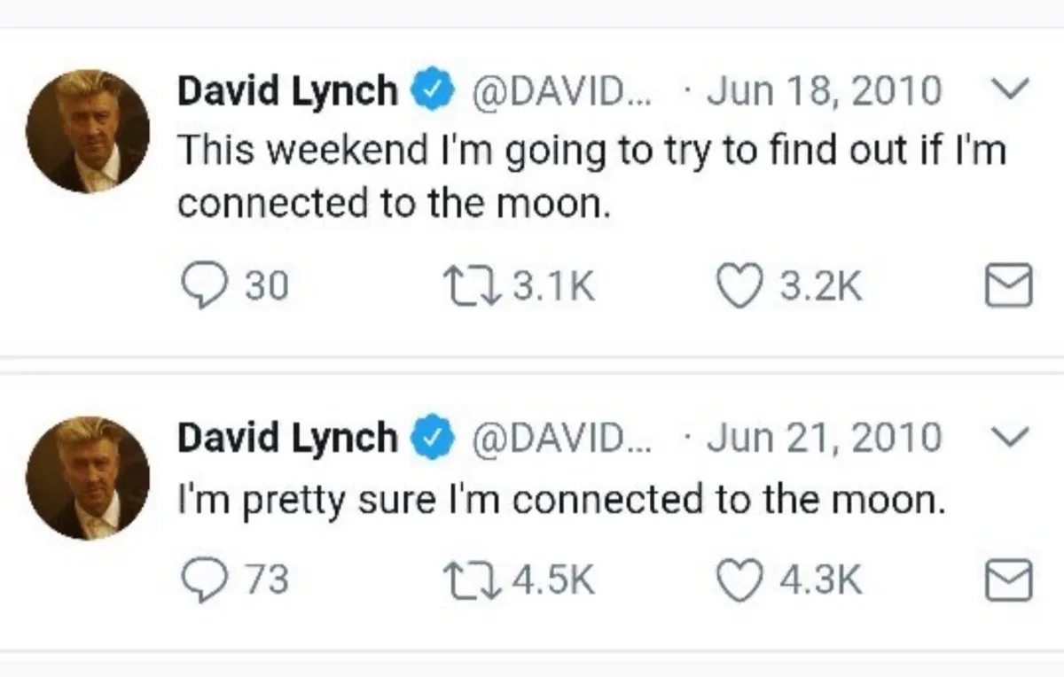 Two consecutive tweets from David Lynch's verified Twitter account show his progression from uncertainly investigating a…