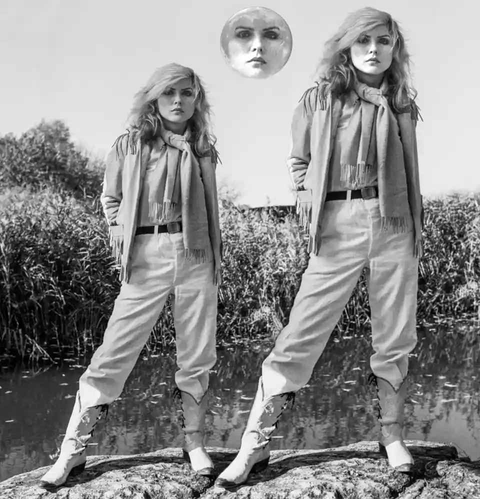 A black-and-white photo shows two identical women in matching fringed jackets, scarves, and boots standing on a rock by…