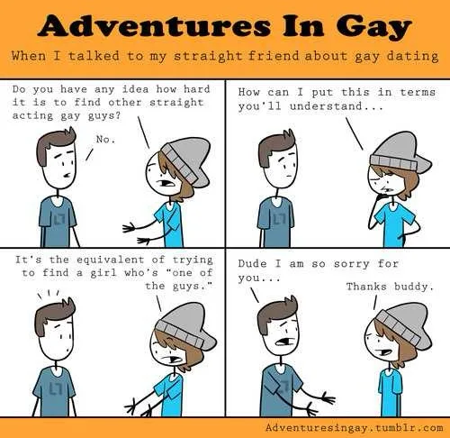 A four-panel comic strip titled 'Adventures In Gay' depicts a conversation between two friends. One friend, wearing a grey…