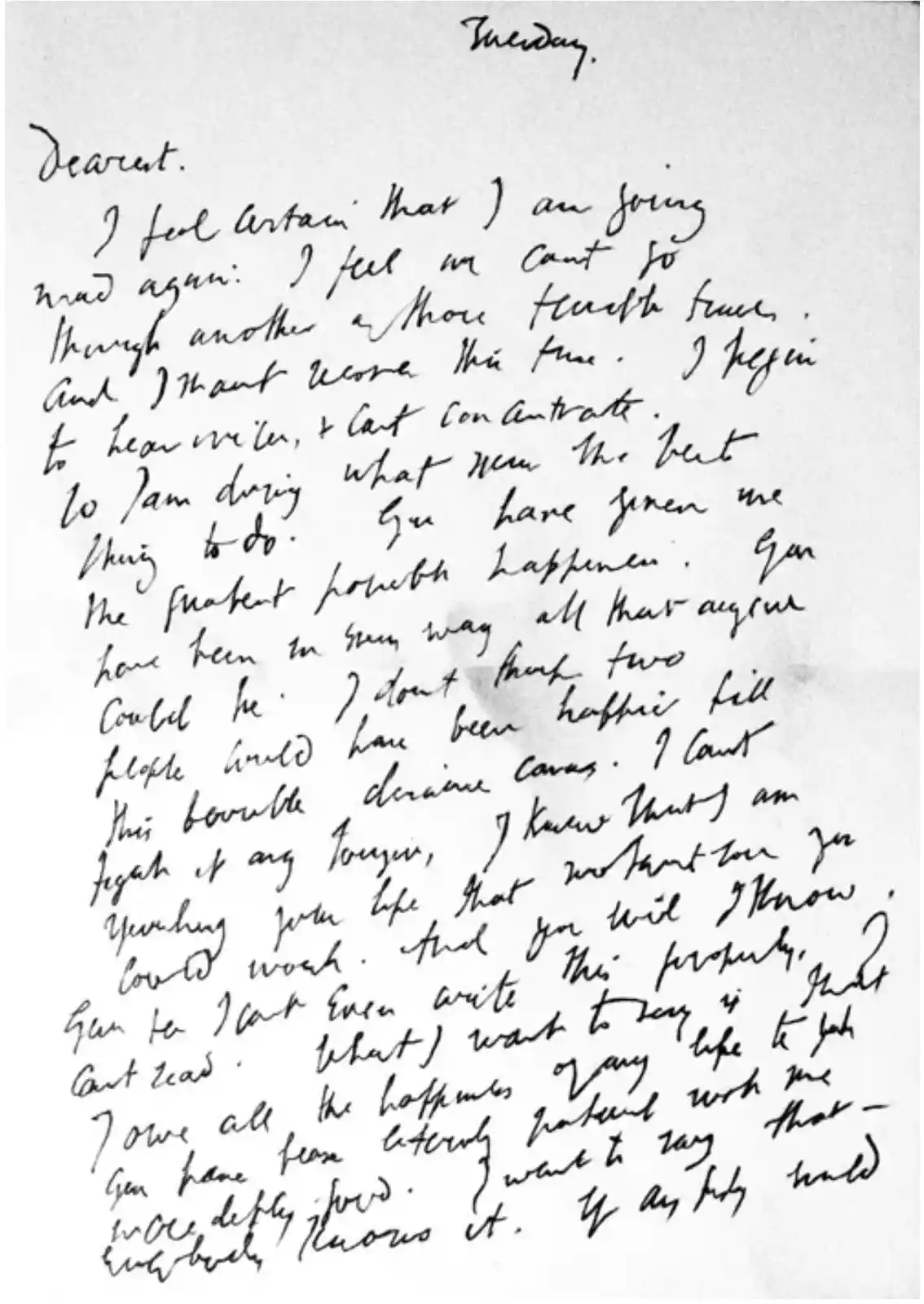 A handwritten letter dated 'Tuesday' with cursive script, visibly showing signs of distress and emotional turmoil. The text…