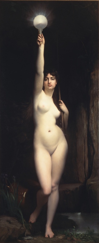 A classical nude painting of a woman standing in a dark, wooded setting, holding a glowing lightbulb aloft in her right hand…