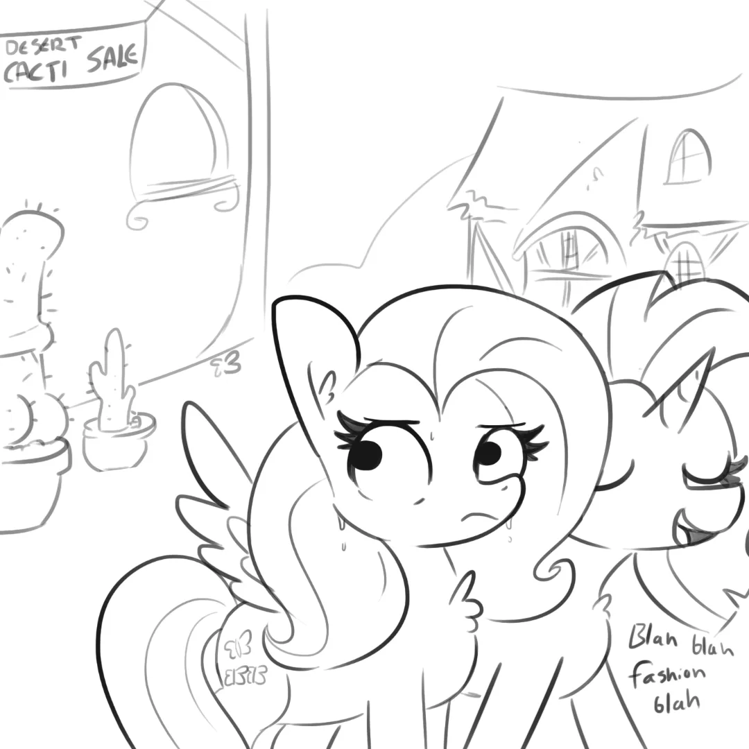 A black-and-white sketch shows a pony with a bored, sweating expression looking at a 'DESERT CACTI SALE' sign, while another…