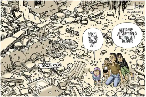 A cartoon depicts a family amid rubble labeled 'GAZA CITY,' with a child pointing and shouting about another Israeli jet…