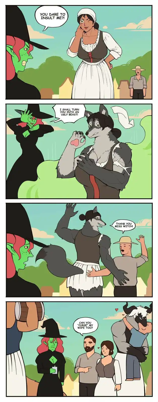 A four-panel comic shows a witch cursing a woman into a wolf-like beast, who then happily thanks the witch. The woman's…