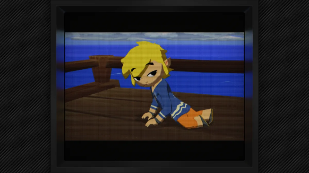 A screenshot of a video game character, Link from The Legend of Zelda: The Minish Cap, kneeling on a wooden deck with a sad…