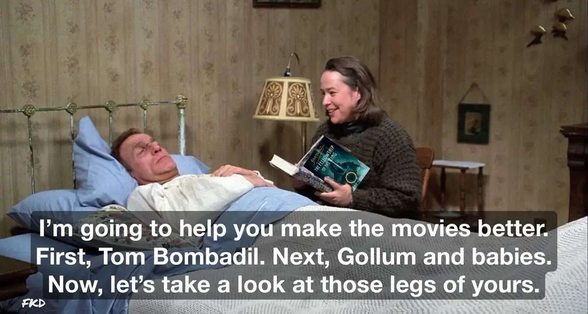 A woman sits beside a bed holding 'The Fellowship of the Ring' book while smiling at a man lying down. The overlaid text…