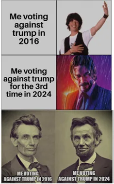 A four-panel meme showing a person's changing political stance. Top left: a young man with text 'Me voting against trump in…