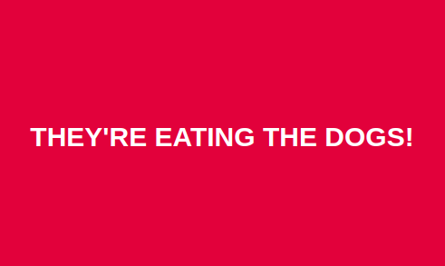 A solid red background with bold white text centered that reads 'THEY'RE EATING THE DOGS!'. The image is minimalist, with no…