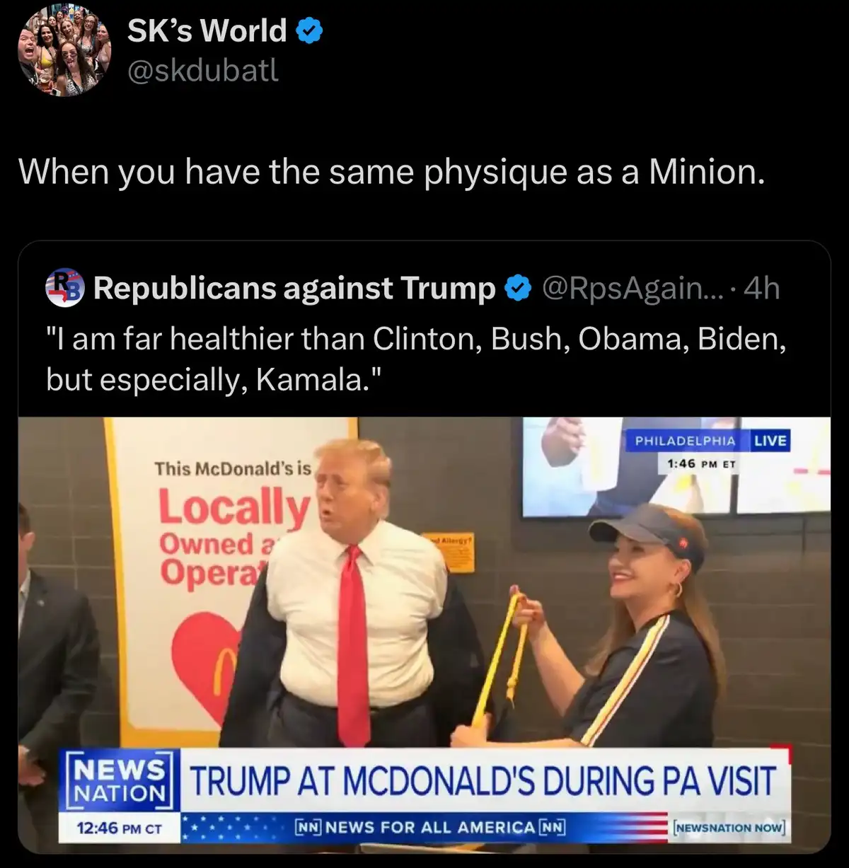 A screenshot of a news segment shows Donald Trump at a McDonald's, his white shirt stretched tightly over his belly. A…