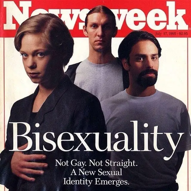 The image is a 1995 Newsweek magazine cover featuring three people — a woman in the foreground and two men behind her — with…