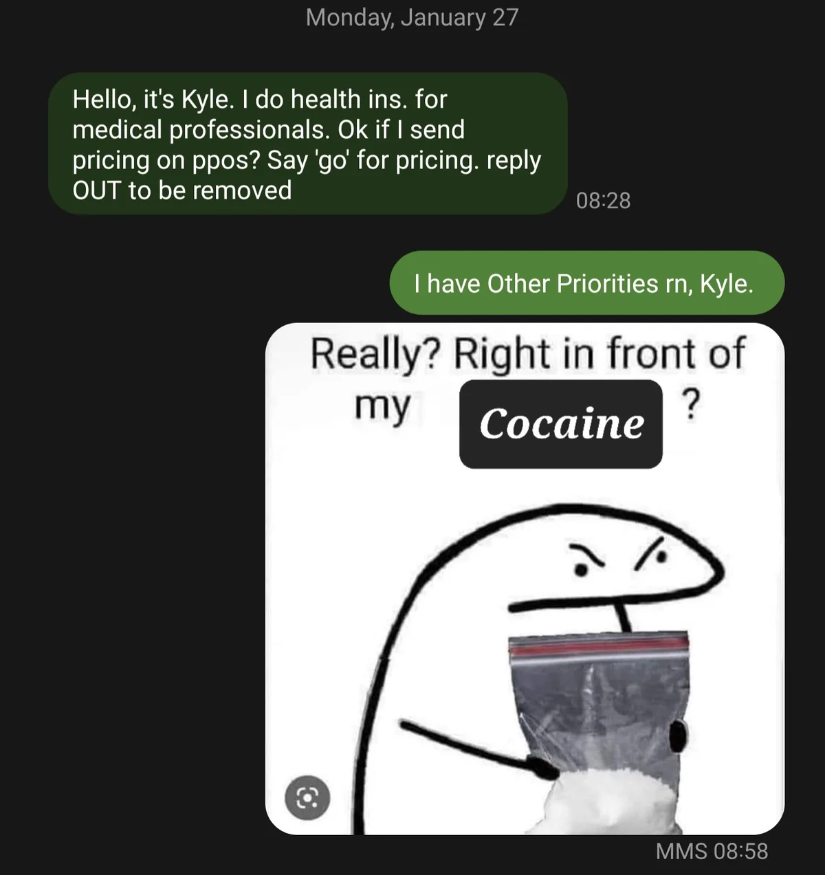 A screenshot of a text message conversation shows a user declining a sales pitch from 'Kyle' who offers health insurance…