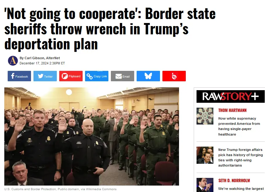 A screenshot of a news article from AlterNet dated December 17, 2024, featuring a photo of numerous uniformed border state…