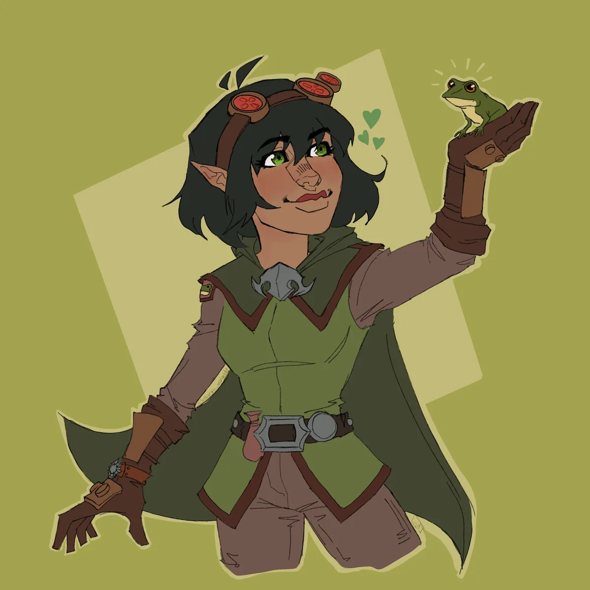 An elf-like character with green eyes and goggles smiles adoringly while holding a small green frog on their gloved hand…