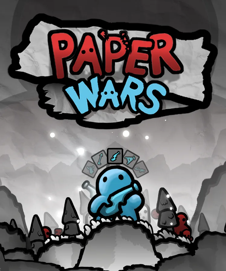 A stylized game cover for 'Paper Wars' shows a blue paper-like character holding a weapon, standing on a rocky terrain with…