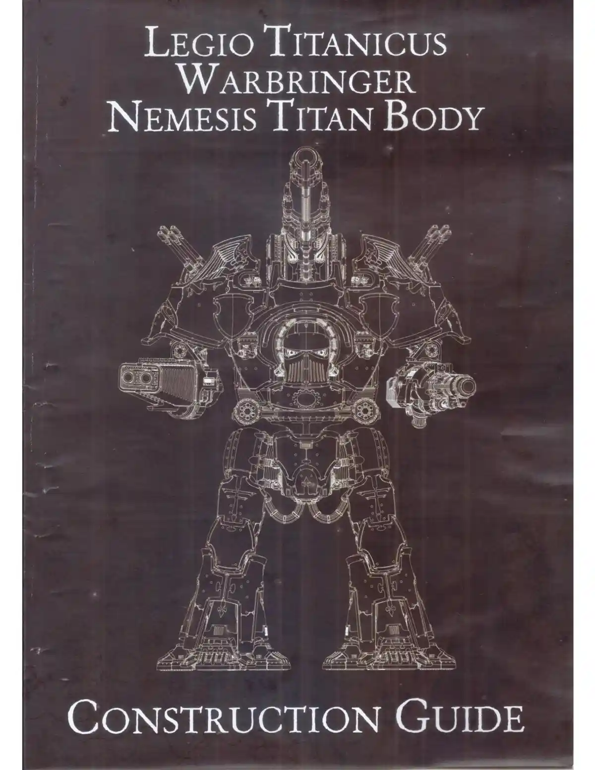 The image shows a technical blueprint-style drawing of a massive, heavily armed humanoid war machine, resembling a science…
